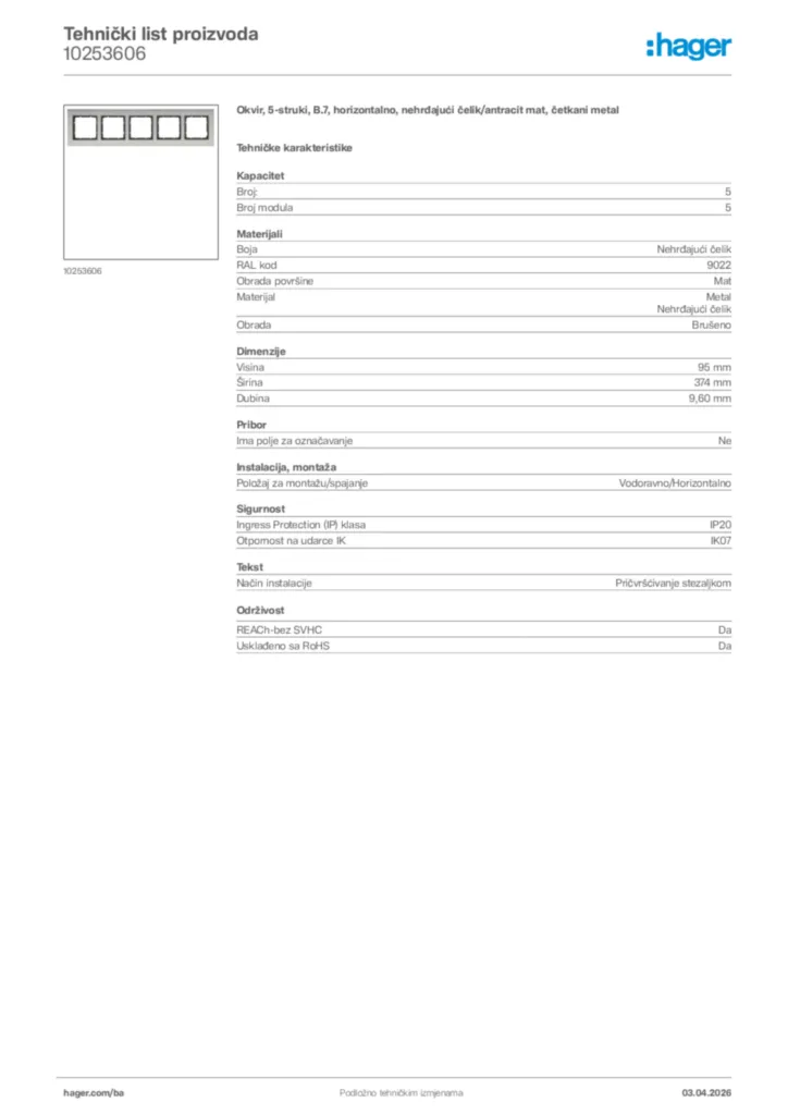 Slika Hager Tehnički list proizvoda 10253606  | Hager