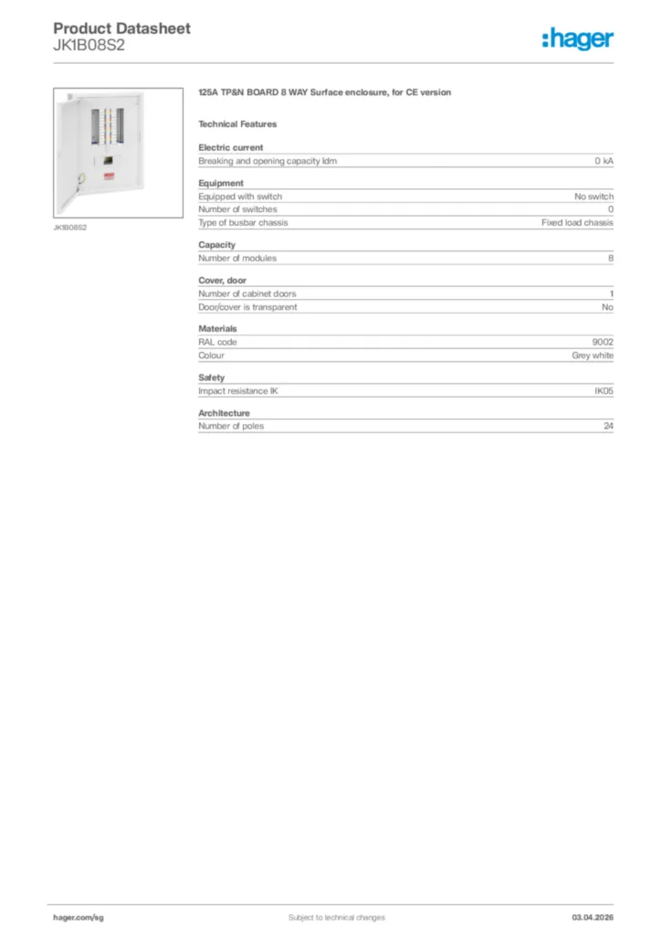 Image Hager Product data sheet JK1B08S2  | Hager