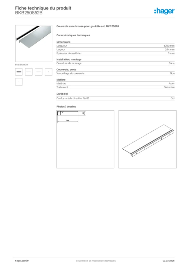 Image Hager Fiche technique du produit BKB250852B | Hager France