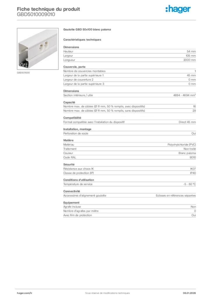 Image Hager Fiche technique du produit GBD5010009010 | Hager France