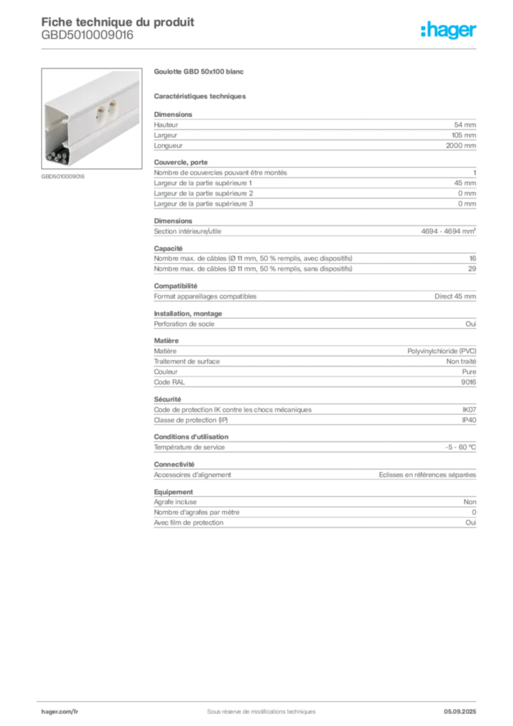 Image Hager Fiche technique du produit GBD5010009016 | Hager France
