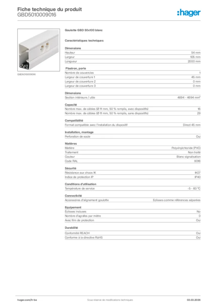 Image Hager Fiche technique du produit GBD5010009016 | Hager Belgique