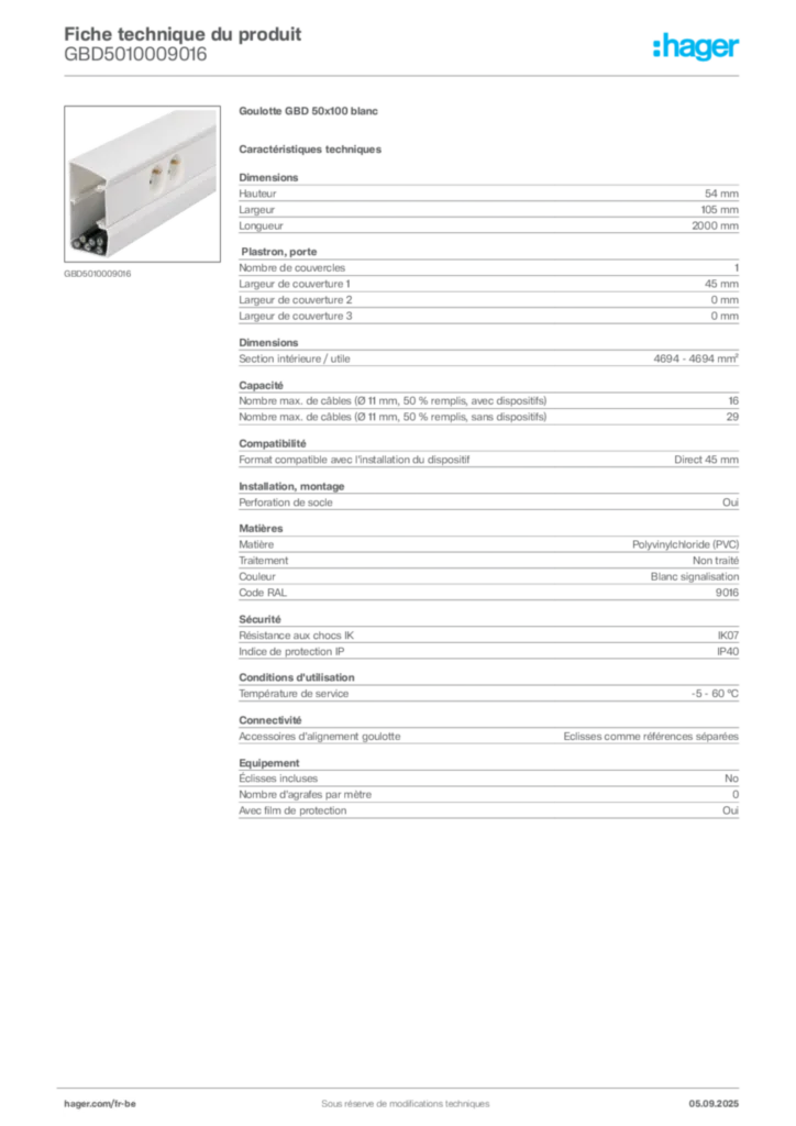 Image Hager Fiche technique du produit GBD5010009016 | Hager Belgique
