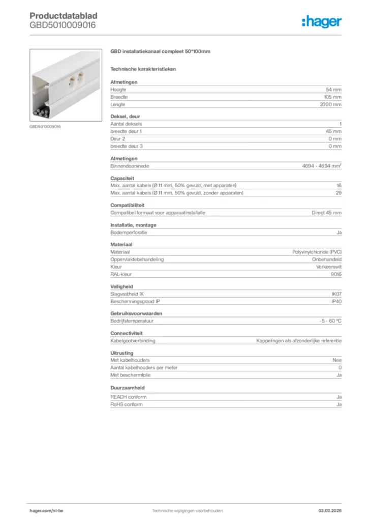 Afbeelding Hager Productdatablad GBD5010009016 | Hager Belgium