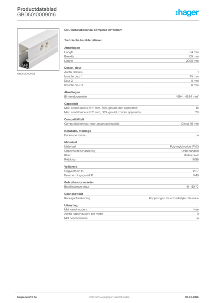 Afbeelding Hager Productdatablad GBD5010009016 | Hager Belgium
