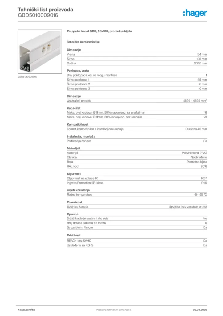 Slika Hager Tehnički list proizvoda GBD5010009016  | Hager