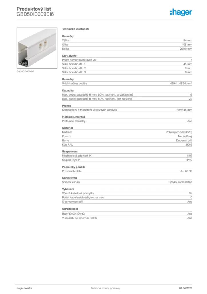 Obrázek Hager Product data sheet GBD5010009016 | Hager