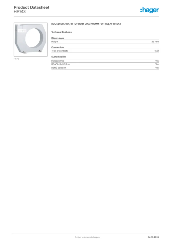 Image Hager Product data sheet HR743  | Hager Africa