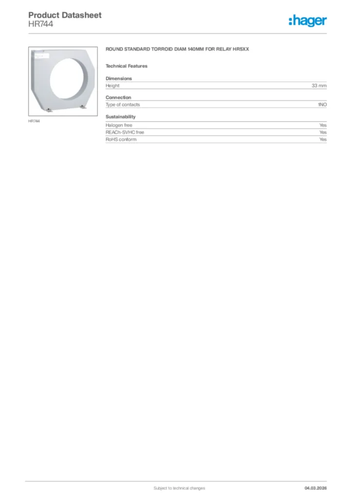 Image Hager Product data sheet HR744  | Hager Africa