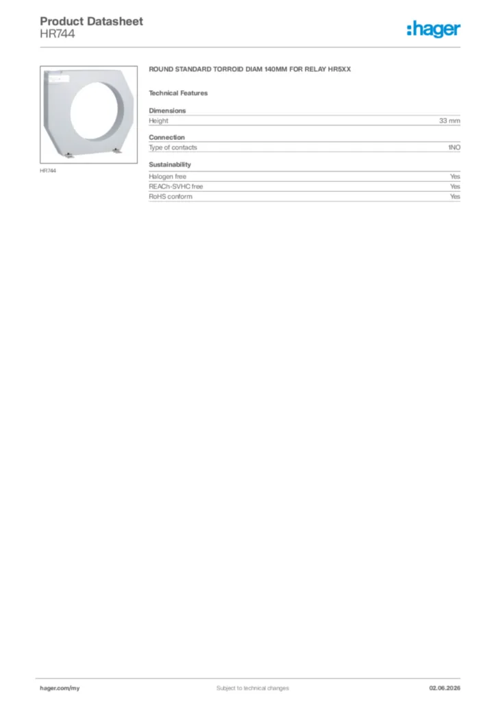 Image Hager Product data sheet HR744  | Hager