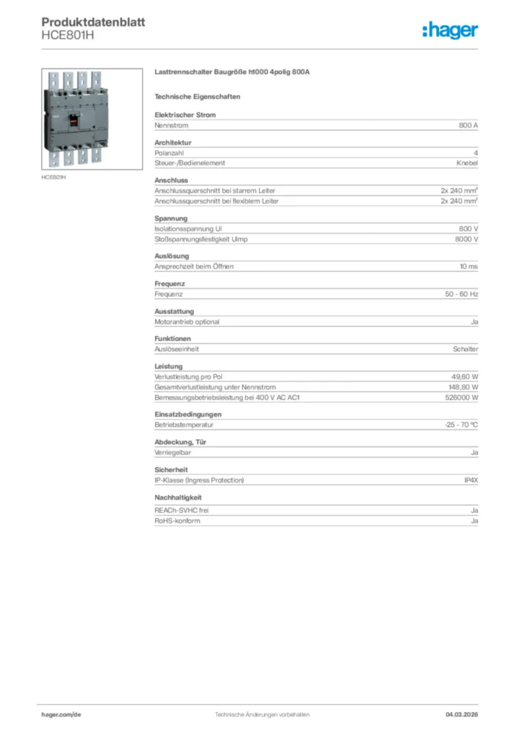 Bild Hager Produktdatenblatt HCE801H | Hager Deutschland