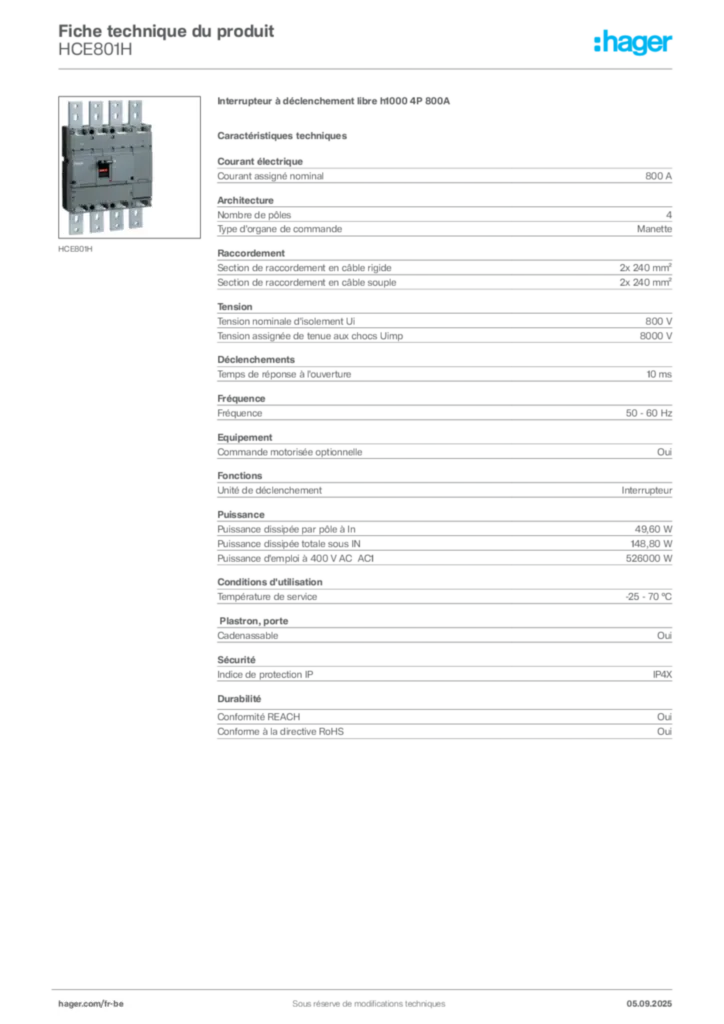 Image Hager Fiche technique du produit HCE801H | Hager Belgique