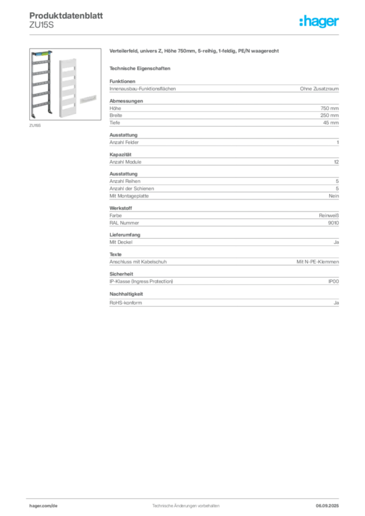 Bild Hager Produktdatenblatt ZU15S | Hager Deutschland