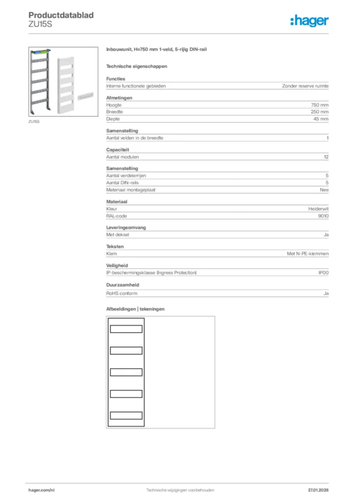 Afbeelding Hager Productdatablad ZU15S | Hager Nederland