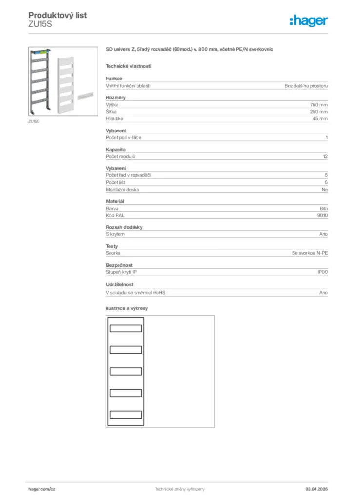 Obrázek Hager Product data sheet ZU15S | Hager