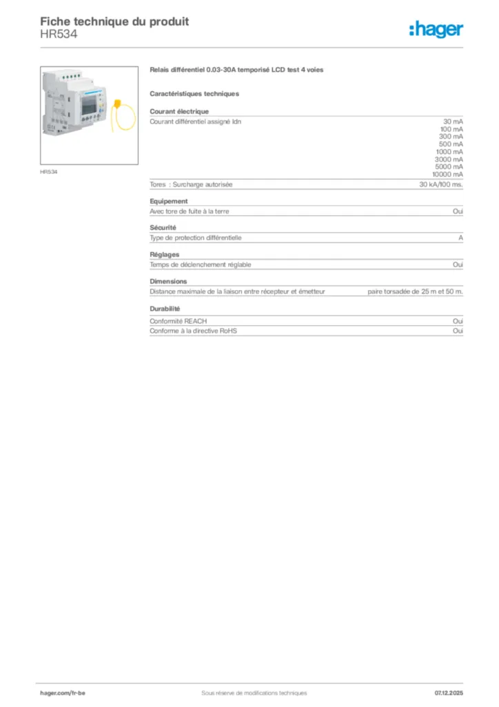 Image Hager Fiche technique du produit HR534 | Hager Belgique