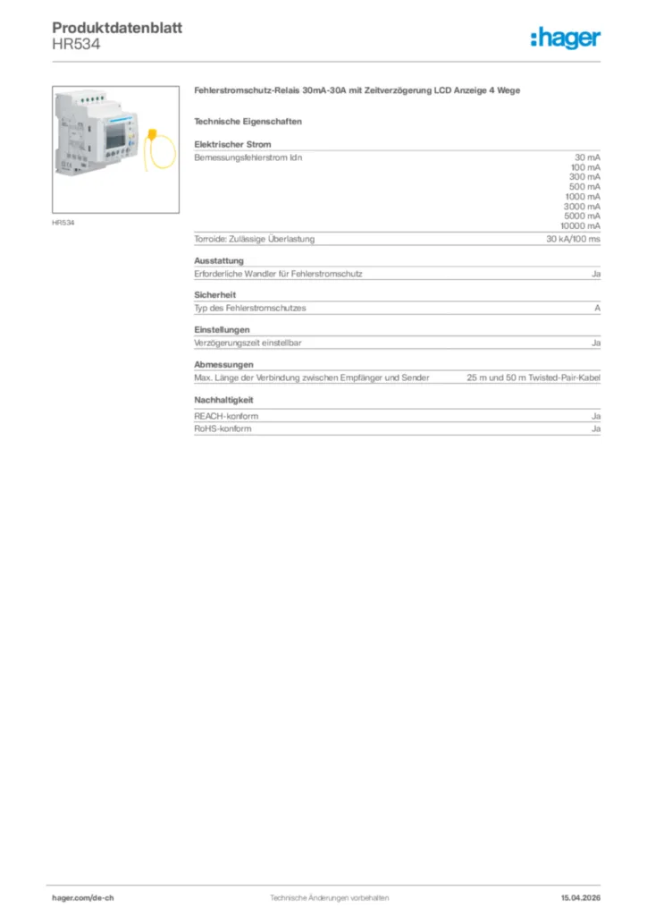 Bild Hager Produktdatenblatt HR534 | Hager Schweiz