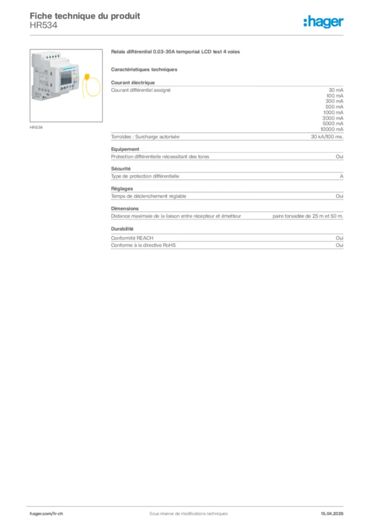 Image Hager Fiche technique du produit HR534 | Hager Suisse