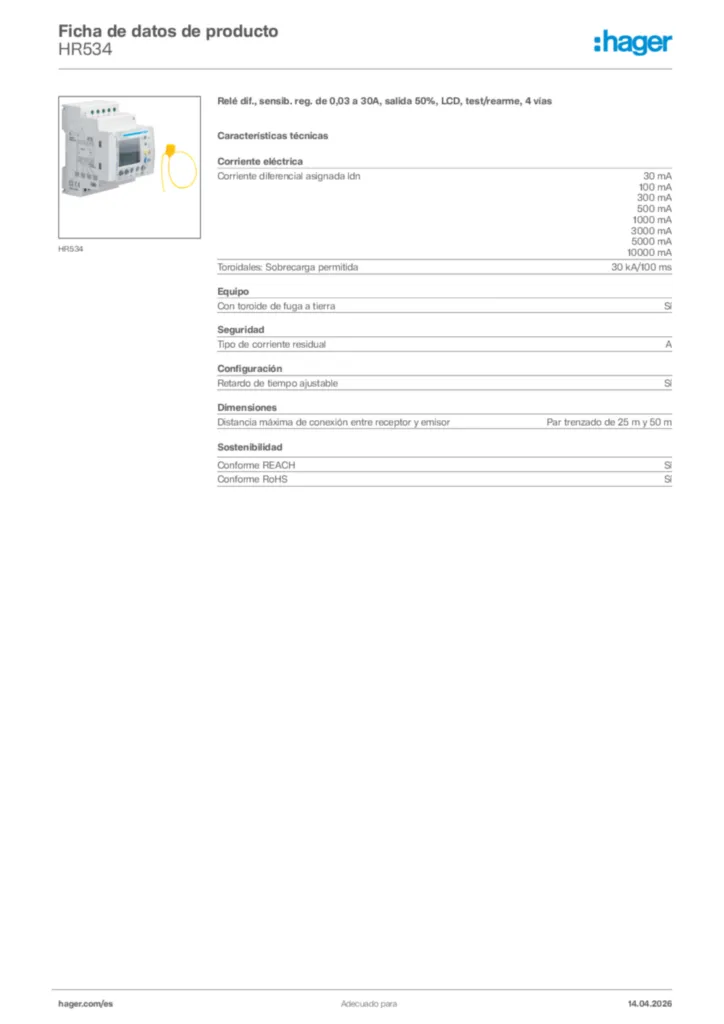 Imagen Hager Ficha de datos de producto HR534 | Hager España