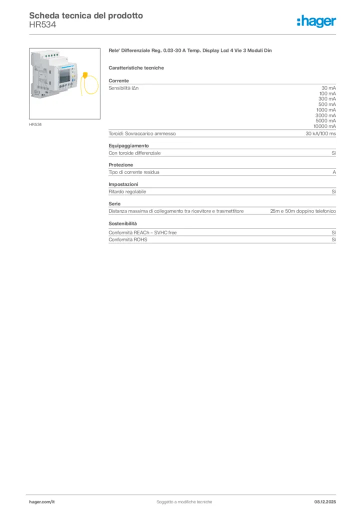 Immagine Hager Scheda tecnica del prodotto HR534 | Hager Italia