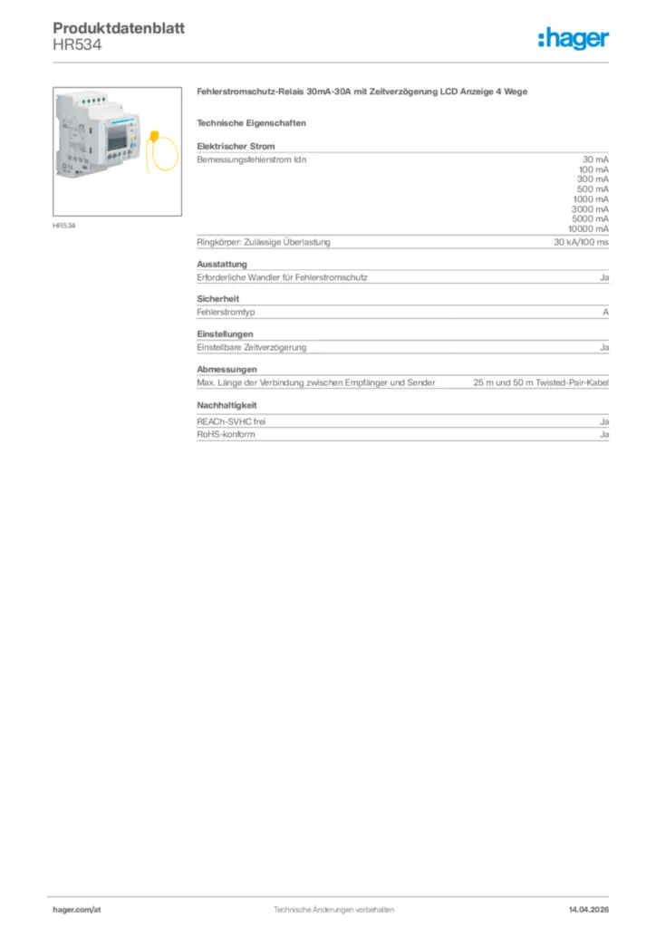Bild Hager Produktdatenblatt HR534 | Hager Deutschland