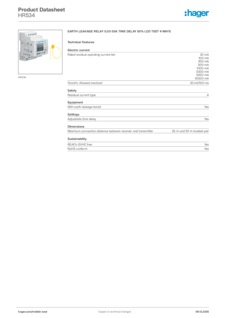 Image Hager Product data sheet HR534  | Hager
