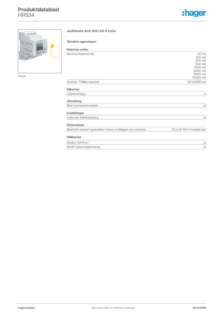 Bild Hager Produktdatablad HR534 | Hager Sverige