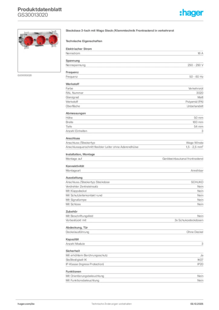 Bild Hager Produktdatenblatt GS30013020 | Hager Deutschland