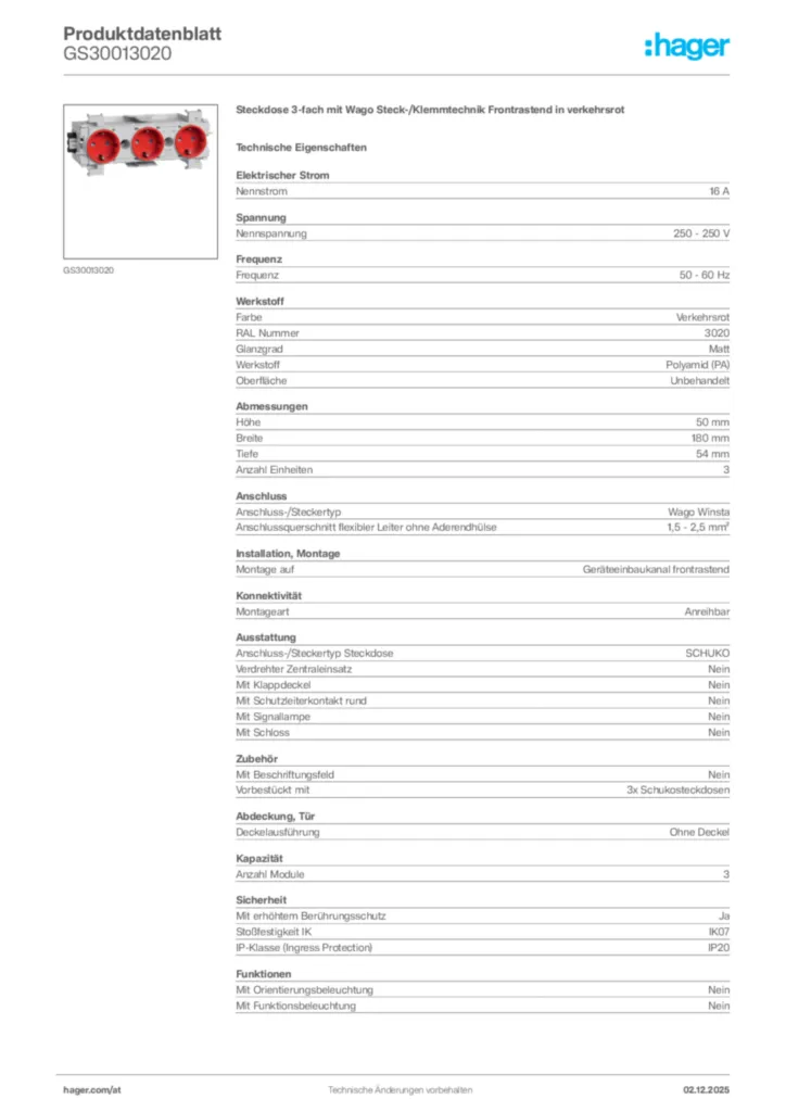 Bild Hager Produktdatenblatt GS30013020 | Hager Deutschland