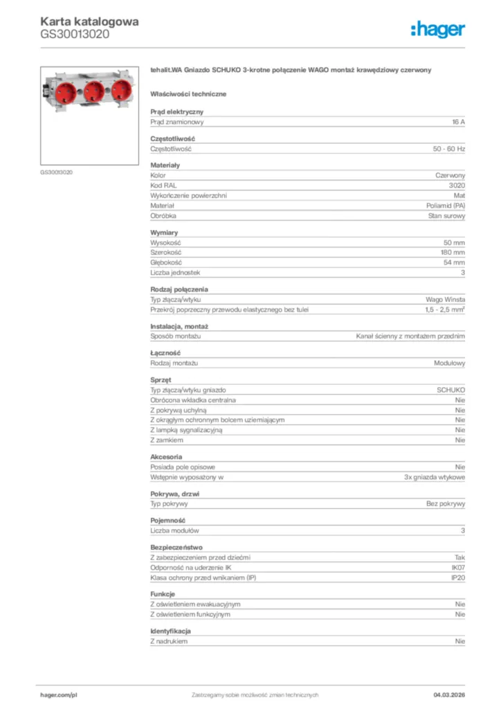 Zdjęcie Hager Karta katalogowa GS30013020 | Hager Polska