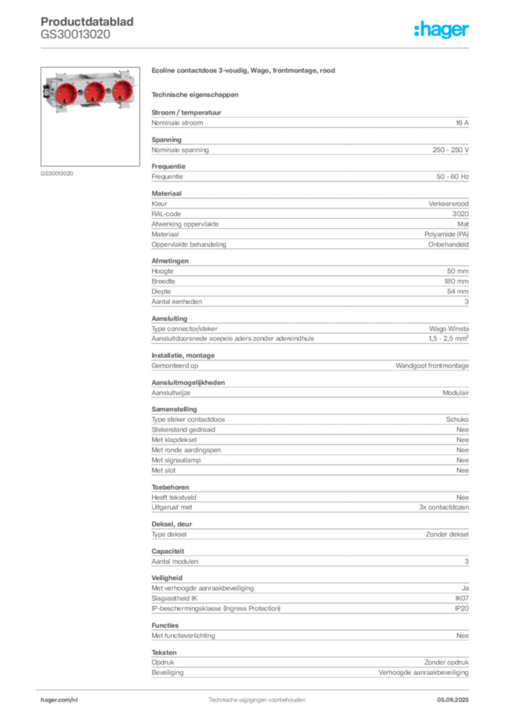 Afbeelding Hager Productdatablad GS30013020 | Hager Nederland