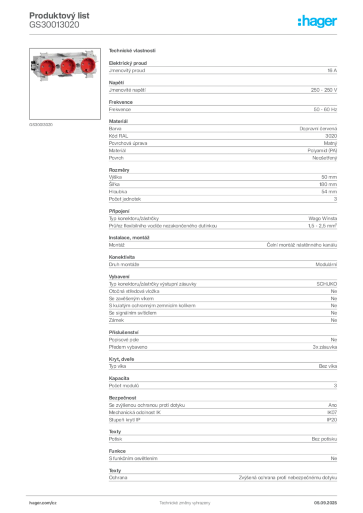 Obrázek Hager Produktový list GS30013020 | Hager