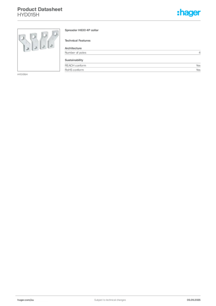 Image Hager Product data sheet HYD015H  | Hager Australia