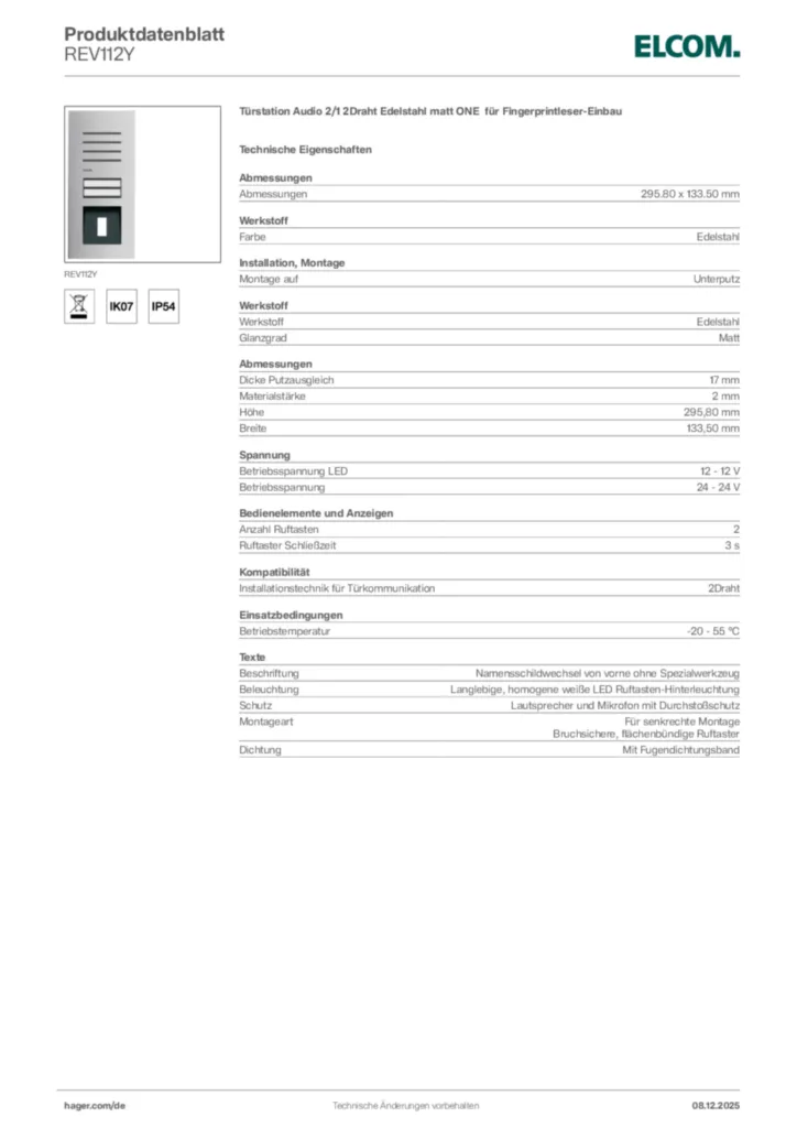 Bild Elcom Produktdatenblatt REV112Y | Hager Deutschland