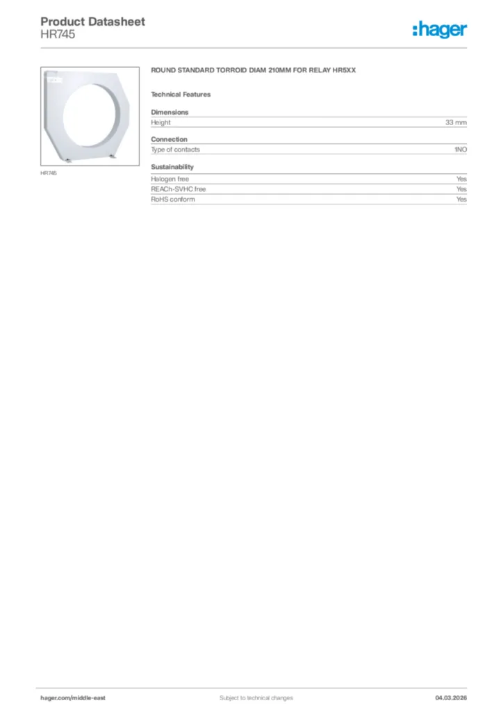 Image Hager Product data sheet HR745  | Hager