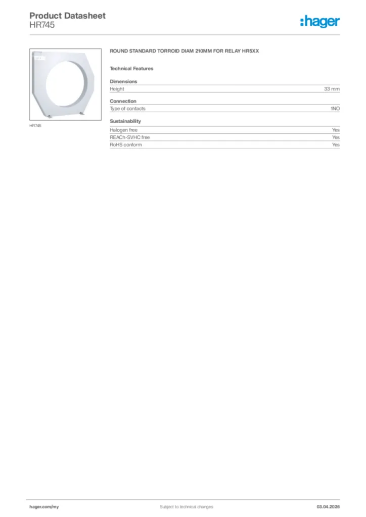Image Hager Product data sheet HR745  | Hager