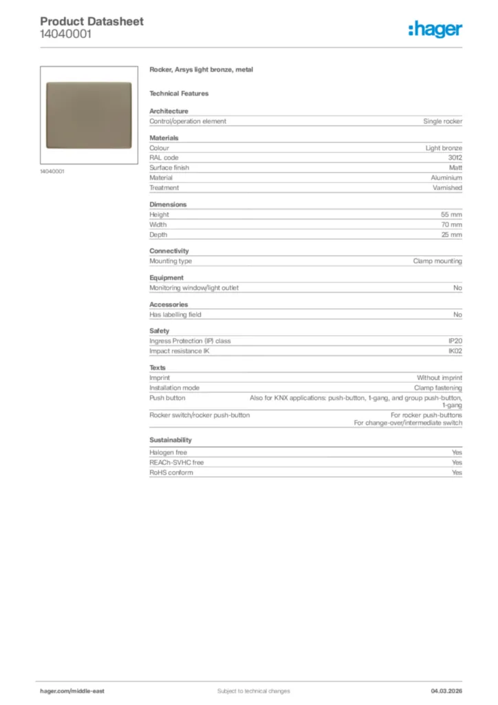 Image Hager Product data sheet 14040001  | Hager