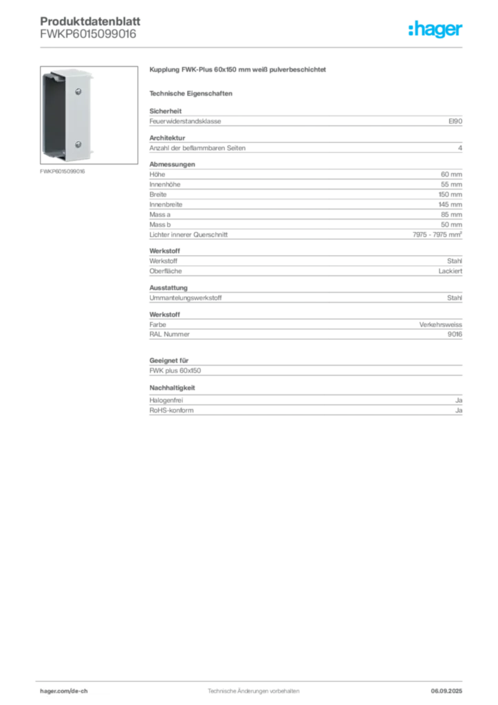 Bild Hager Produktdatenblatt FWKP6015099016 | Hager Schweiz