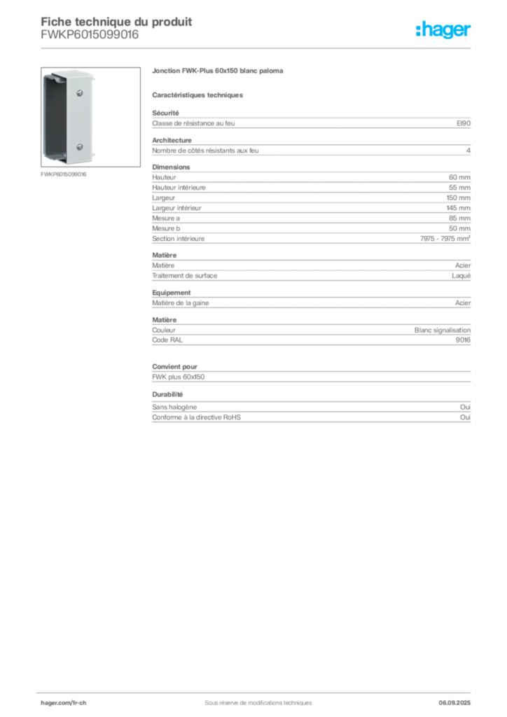 Image Hager Fiche technique du produit FWKP6015099016 | Hager Suisse