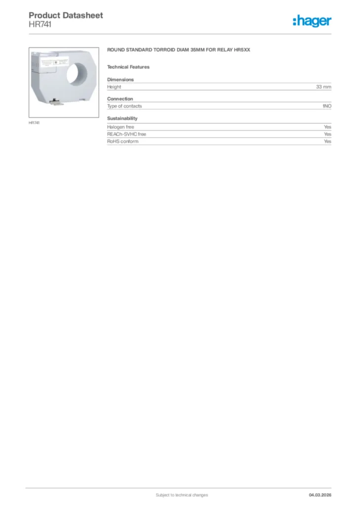 Image Hager Product data sheet HR741  | Hager Africa