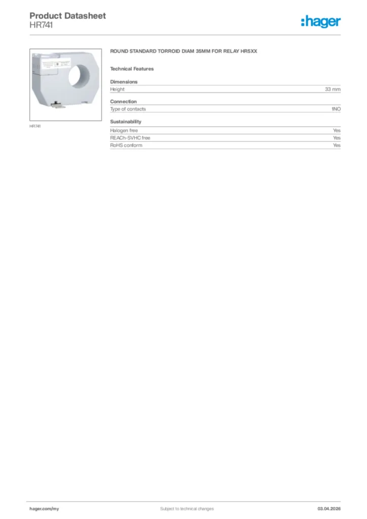 Image Hager Product data sheet HR741  | Hager