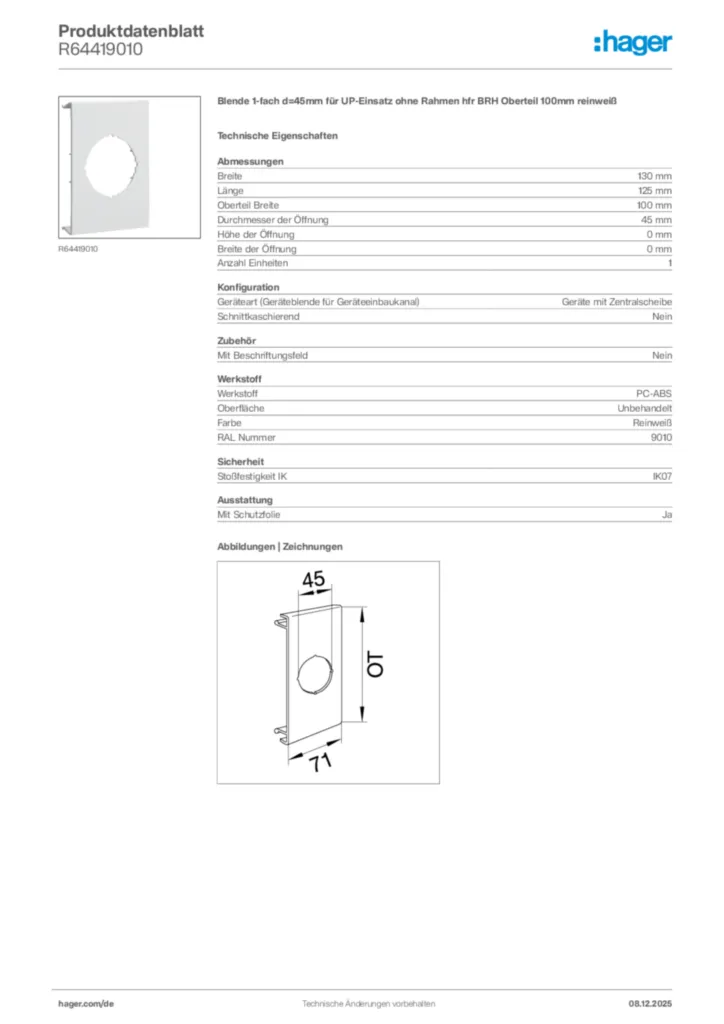 Bild Hager Produktdatenblatt R64419010 | Hager Deutschland