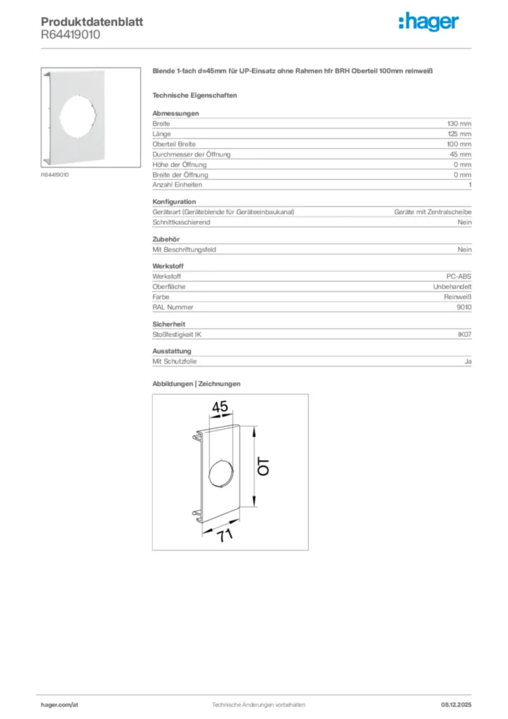 Bild Hager Produktdatenblatt R64419010 | Hager Deutschland