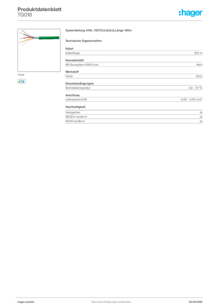 Bild Hager Produktdatenblatt TG018 | Hager Deutschland