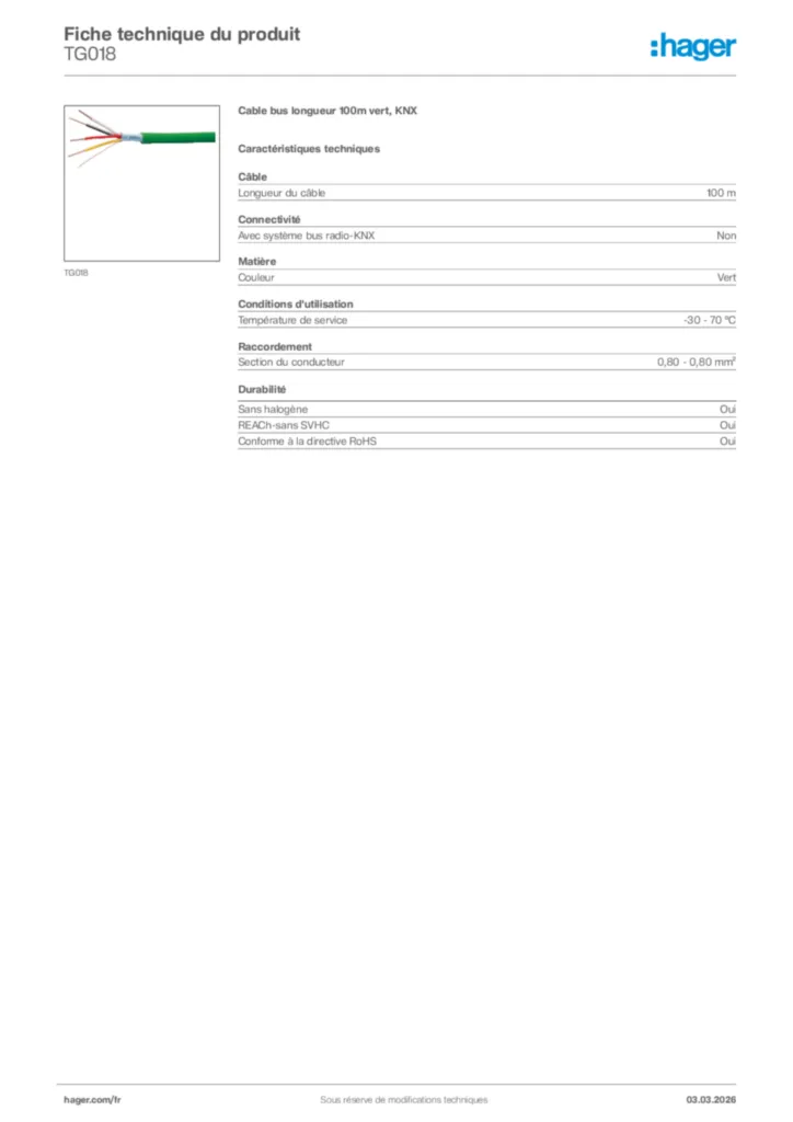 Image Hager Fiche technique du produit TG018 | Hager France