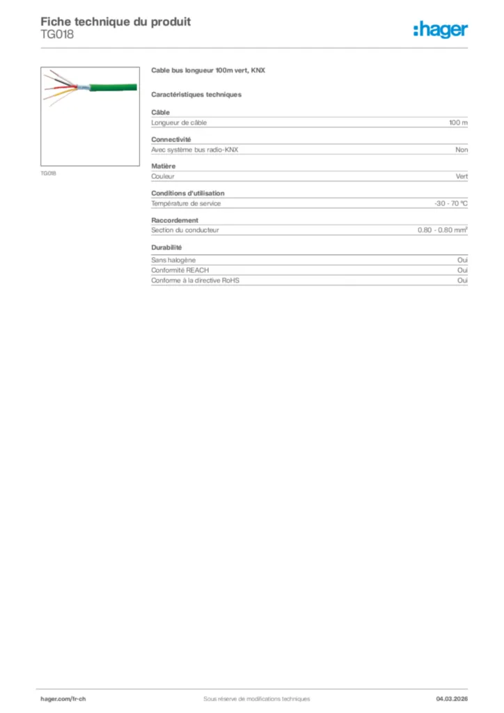 Image Hager Fiche technique du produit TG018 | Hager Suisse
