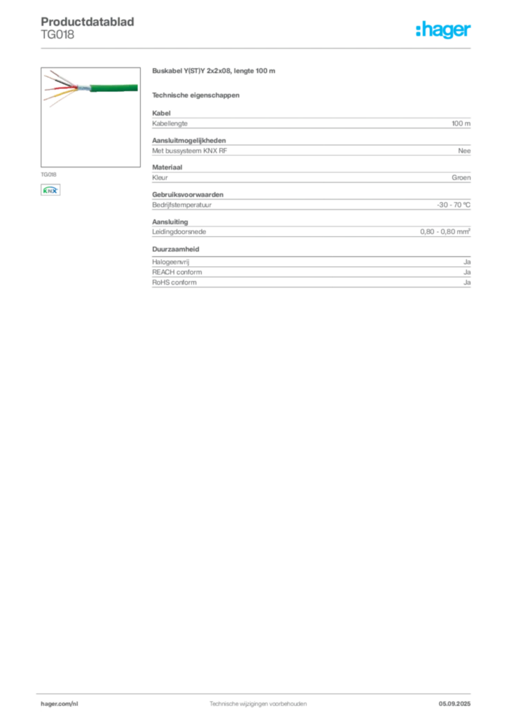 Afbeelding Hager Productdatablad TG018 | Hager Nederland
