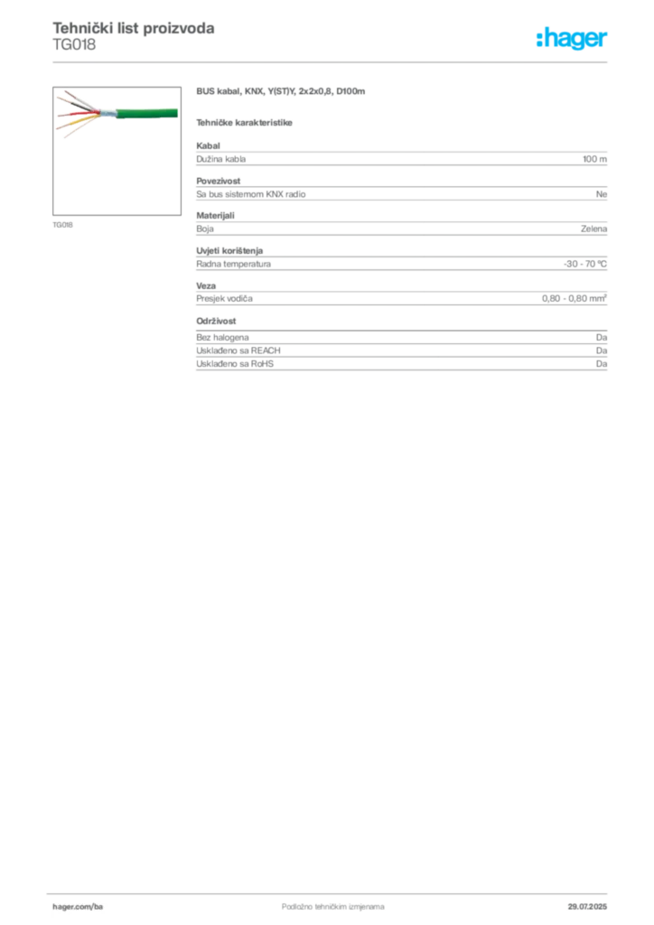 Slika Hager Product data sheet TG018  | Hager