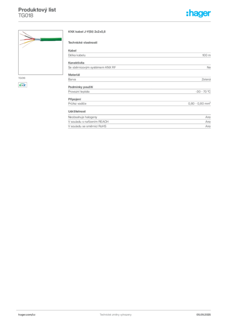 Obrázek Hager Produktový list TG018 | Hager
