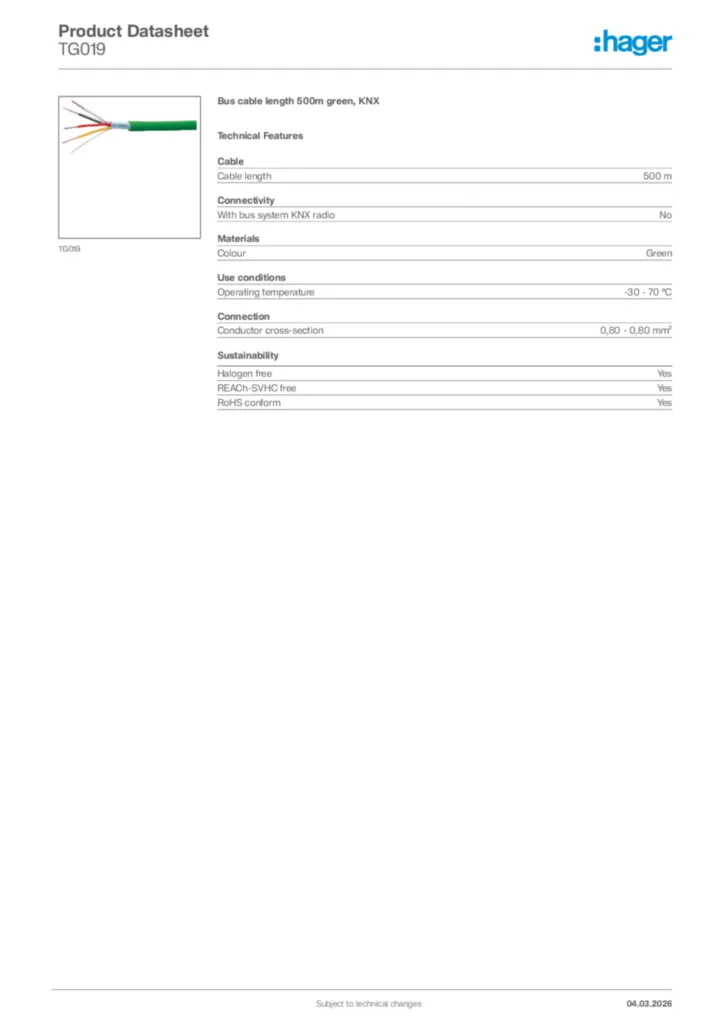 Image Hager Product data sheet TG019  | Hager